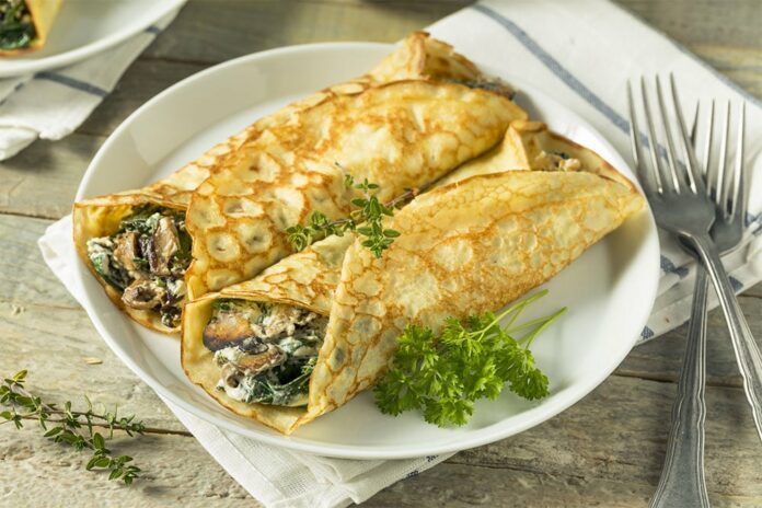 crêpes aux champignons, épinards et fromage